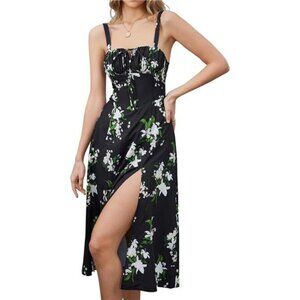 Floral Midi Corset Dress – Boho A-Line with Slit and Lace-Up Detail
